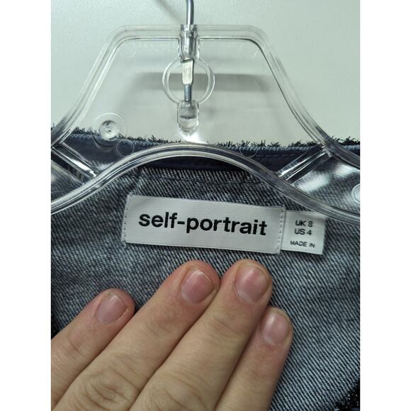 Self-Portrait Women's Braid-Trim Denim Jacket Cropped Boxy Blue Size US 4 - Picture 3 of 9